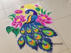 the peacock is painted on the floor with flowers