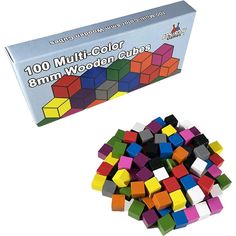 multicolored wooden cubes are in a box and next to it's packaging