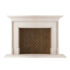 a white fireplace with a brown brick pattern on the top and bottom shelf above it