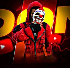 a person wearing a clown mask and holding a cell phone up to their face while standing in front of a red background