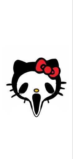 an image of a hello kitty face in black and white with a red bow on it's head