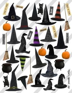 a collection of halloween hats and pumpkins