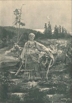 an old black and white drawing of a man on a horse next to a stream