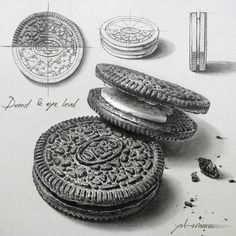 an image of some cookies and oreos on a white table top with pencil drawing