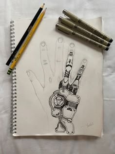 a drawing of a hand with a robot on it and three pencils next to it