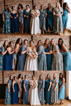 the bride and her bridal party posing for pictures in front of brick walls with their bouquets