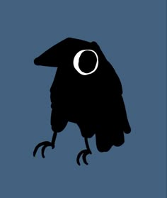 a black bird with a crescent moon on its head is standing in front of a blue background