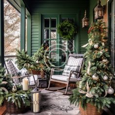 the porch is decorated for christmas with wreaths and greenery