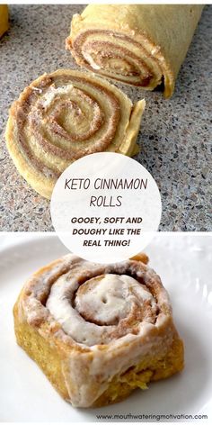 two different types of cinnamon rolls on a white plate with the words, keto cinnamon rolls gooey soft and doesn't make them even thin