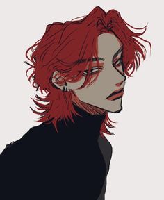 a drawing of a person with red hair and piercings on their ears, looking to the side