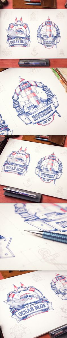 three different views of the design for a boat in blue and red ink on white paper