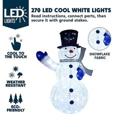 the snowman is wearing a top hat and gloves with blue lights on his head