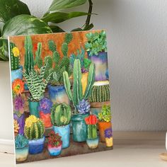 a painting of cactuses and succulents on a table