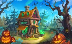 a house in the woods with pumpkins around it