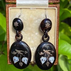 "Details: Stunning Victorian detailed inlay earrings with 9K gold and shell details. These earrings are magnificent, and very dramatic. They have etched gold inlay with sweet grape vine pattern. The grapes are made of tiny gold beads, the vines are etched gold, and the leaves are carved shell. Their are tiny stars at the top of the earrings! Absolutely stunning! The look is fabulous on, and would make an lovely addition to any collection. Please ask all necessary questions prior to placing an or Elegant Drop Earrings With Inlay, Elegant Inlay Earrings As Gift, Elegant Earrings With Inlay For Gifts, Vine Pattern, Cameo Earrings, Silver Heart Earrings, Tiny Star, Carved Shell, Moonstone Earrings