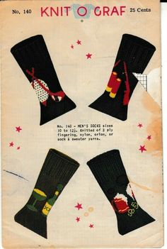 an old knitting pattern for socks with different designs and colors on the front, side, and back