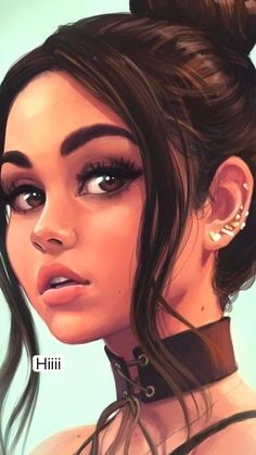 a drawing of a woman with her hair up in a bun and piercings on