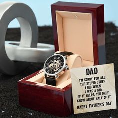 Give Dad gift of luxury with this handsome and daring timepiece. The message card reads: Dad, I'm sorry for all the stupid stuff I did when I was a kid. If it helps, you only know about half of it. Happy Father's Day The Men's Openwork Watch is the perfect blend of classic design and modern styling, making it an essential accessory for your remarkable style. This watch sports a genuine leather strap, is splash resistant, and has increased durability thanks to hardened mineral glass. Our unique s You Are My Superhero, Birthday Gift For Him, Anniversary Gifts For Him, Watch Gifts, Message Card, Wedding Anniversary Gifts, Happy Fathers Day, Luxury Watch, Gifts For Husband