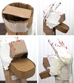 four different views of an open toilet paper box