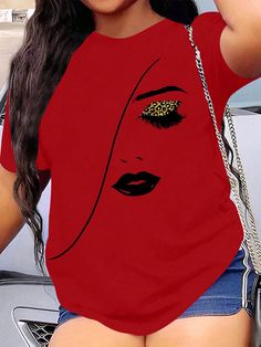 Plus Size Men's Portrait Printed Short Sleeve T-Shirt Red Casual  Short Sleeve Knitted Fabric Figure  High Stretch Summer Women Plus Clothing, size features are:Bust: ,Length: ,Sleeve Length: Red Long Sleeve Printed T-shirt, Red Printed Short Sleeve Top, Red Printed Long Sleeve T-shirt, Red Crew Neck Printed Top, Red Crew Neck Top With Graphic Print, Red Crew Neck Top With Print, Red Short Sleeve T-shirt For Fall, Trendy Red Printed T-shirt, Red Graphic Print Top For Fall