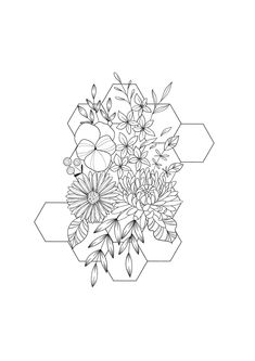 a black and white drawing of flowers in hexagons