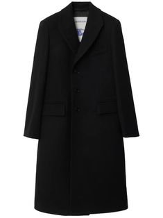 Lining: Viscose 100%, Cotton 100% Outer: Wool 100%, Buffalo Horn 100% FARFETCH ID: 22045911 Brand style ID: 8077179 Crafted from black wool, this Burberry coat speaks to the house's timeless style with its understated, clean-cut silhouette. Design details include lapels, buffalo-horn buttons and two front pockets. Classic Black Outerwear With Single Button, Classic Black Long Coat Blazer, Classic Long Black Blazer, Black Wool Coat For Workwear, Black Wool Coat For Work, Black Long Wool Coat For Business, Tailored Black Wool Long Coat, Black Single Breasted Wool Coat With Lapel Collar, Timeless Black Outerwear With Notch Lapel