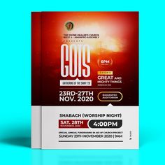 an event poster with the words gos on it in white and red colors, against a blue background