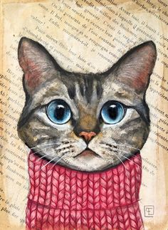 a drawing of a cat wearing a red scarf and looking at the camera with blue eyes