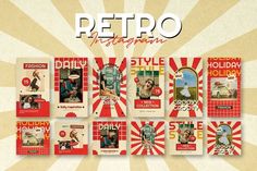 the retro magazine covers are displayed on a sunburst background