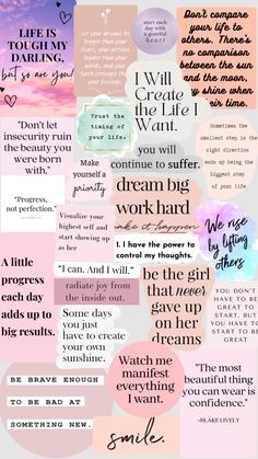 a collage of different types of words and phrases in pink, blue, green, purple