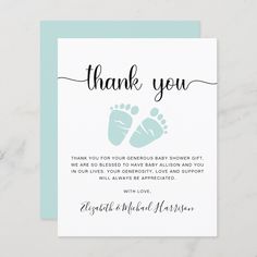 a thank card with the words, thank you and baby feet in blue on it