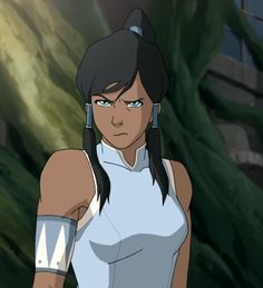 an animated woman with long black hair and blue eyes standing in front of green plants