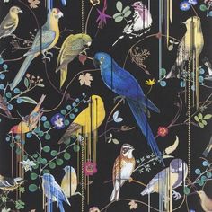 an image of birds in the wild on a black background with flowers and leaves pattern