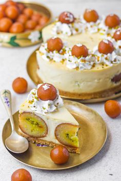 there is a piece of cake on the plate with cherries next to it and two other cakes in the background