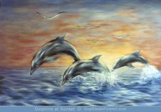 two dolphins jumping out of the water with birds flying in the sky behind them at sunset