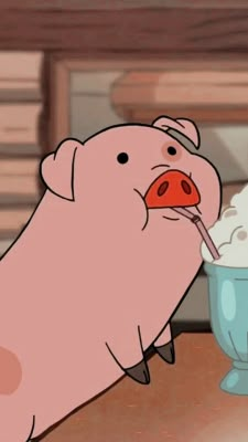 a cartoon pig is drinking from a cup with whipped cream in it's mouth