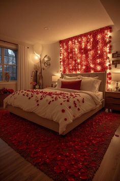 a bedroom decorated in red and white with rose petals on the bed, lights behind it