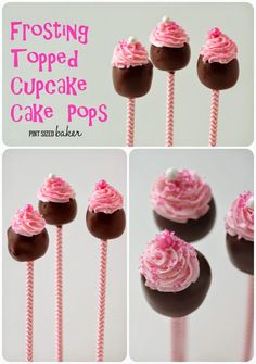 four pictures of frosting topped cupcake pops