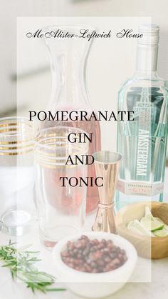 ingredients for pomegranate gin and tonic on a white counter with text overlay