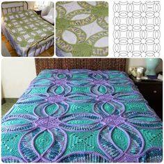 crocheted bedspread made to look like an intricate flower design with purple and green accents