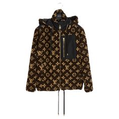 Louis Vuitton jacket in faux fur with a sheepskin effect and LV motif, oversized volume, high collar closed by a long zip with a logo pull, 1 contrasting black chest pocket closed by a long gold zip, 2 other slit pockets closed by a zip, tightening tie at the bottom of the jacket, long sleeves tightened by a black neoprene braid, black anti-rain yoke on the shoulders, hood to tighten by a tie, removable, black openwork technical mesh lining. Size 34FR (perfect up to 38FR or UK10 and US8): shoulders 44 cm, chest 54 cm, length 68 cm, sleeves 60 cm. The jacket has never been worn and it still has its original labels ... Lv Jacket, Louis Vuitton Jacket, Jacket Long, High Collar, Faux Fur, Louis Vuitton, Fashion Outfits, Tags, Long Sleeve