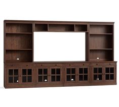 the entertainment center is made from wood and has glass doors on both sides, along with two