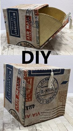 two pictures showing how to make a diy storage box with cardboard and fabric material