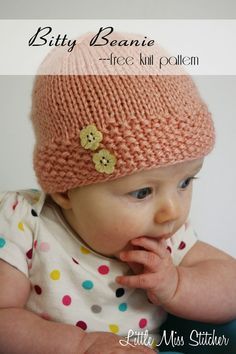 a baby wearing a pink knitted hat with buttons on it's side and the words, betty beanie - free knitting pattern