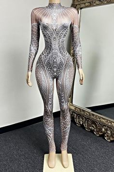 White Fitted Unitard For Party, White Fitted Bodysuit For Party, White Stretch Unitard For Party, White Stretch Bodysuit For Evening, Stretch White Unitard For Parties, White Bodycon Bodysuit For Parties, Elegant Fitted Unitard For Party, Elegant Party Unitard With Stretch, Fitted Printed Bodysuit For Party