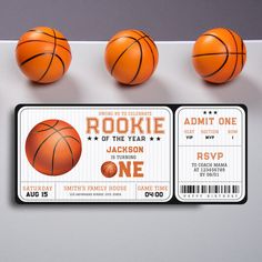 two basketball tickets and three balls on a table