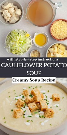 Ingredients needed to make a potato cauliflower soup and a bowl of the soup. Potato Cauliflower Soup, Leek Potato, Creamy Soup Recipes, Cauliflower Soup, Creamy Soup, Savory Recipes, Potato Soup