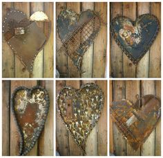 four different pictures of rusty heart shaped metal pieces on wooden boards with rusted paint and rivets