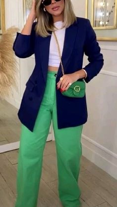 Stylish Outfits 2023 Spring, Hot Pink Bag Outfit Summer, Colourful Blazer Outfits For Women, Colourful Blazer Outfit, Blue And Gold Outfits Casual, Colorful Business Casual Summer, Bold Work Outfits, Business Casual Outfits For Women Colorful, Green Blouse Outfit Work