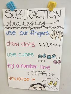 a white sign with writing on it that says subtraction strategy use our fingers draw dots use cubes try a number line visualize it